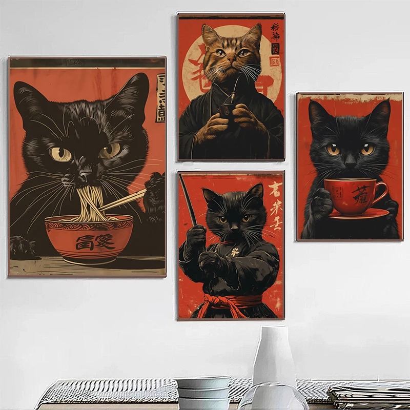 Japanese Lifestyle Japanese - Japanese Edo Style Black Cat Eating